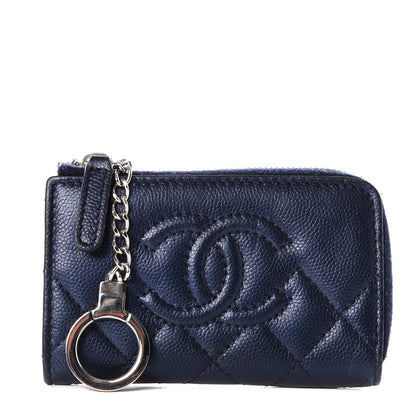 Chanel Metallic Caviar Quilted Diamond CC Key Holder Case Navy 1 of 9