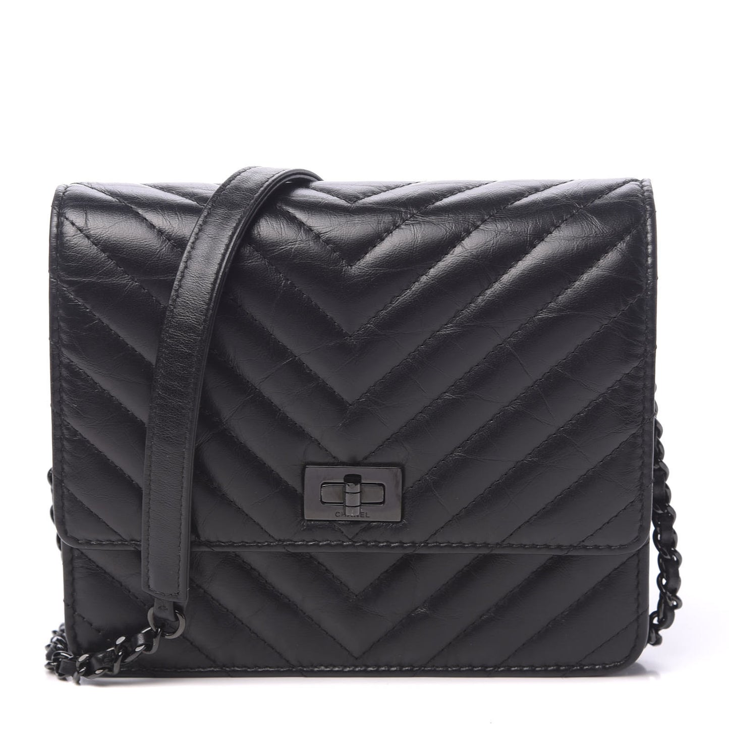Aged Calfskin Chevron Quilted Reissue 2.55 Square Wallet On Chain WOC So Black