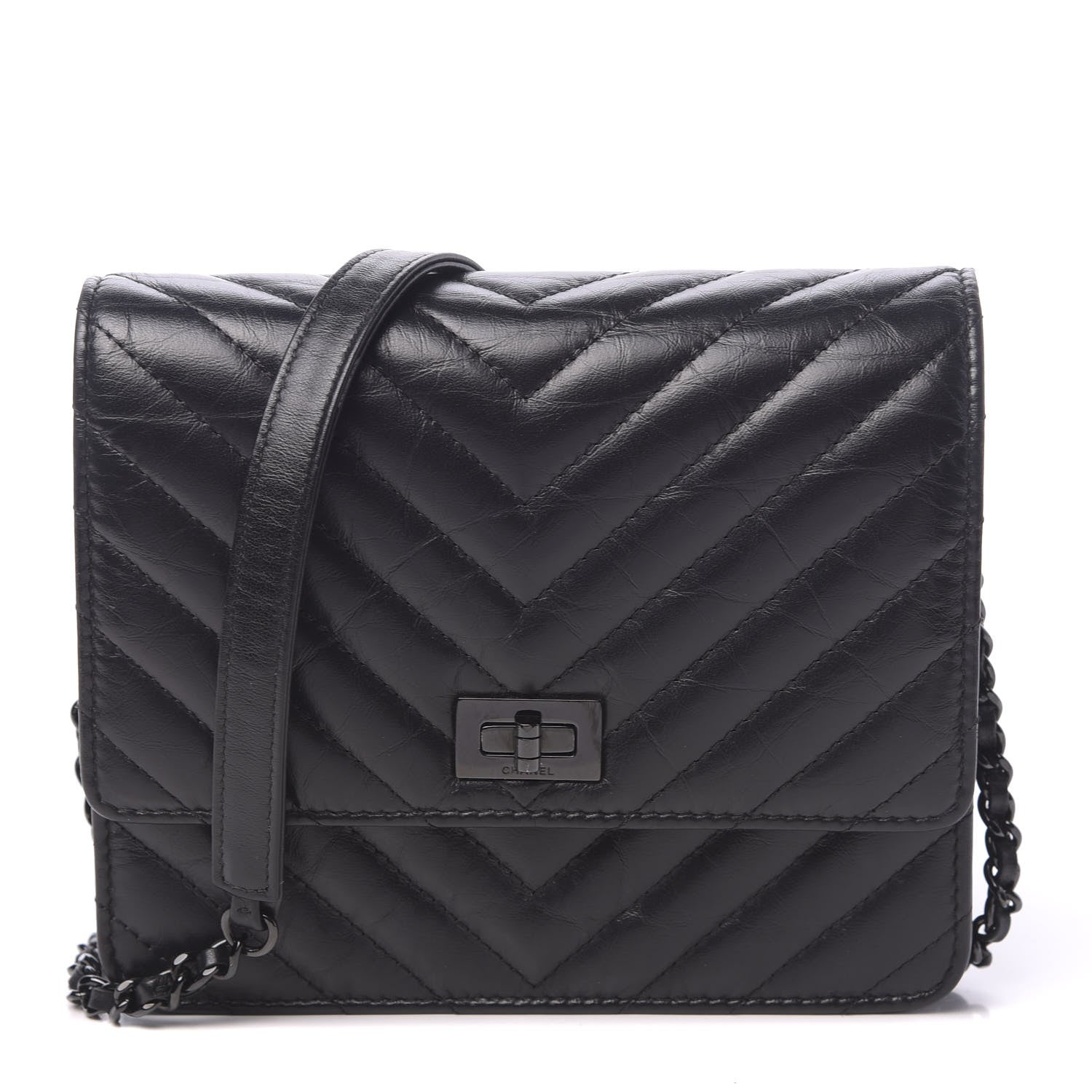 Chanel Aged Calfskin Chevron Quilted Reissue 2.55 Square Wallet On Chain WOC So Black 1 of 12