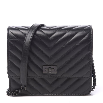 Chanel Aged Calfskin Chevron Quilted Reissue 2.55 Square Wallet On Chain WOC So Black 1 of 12