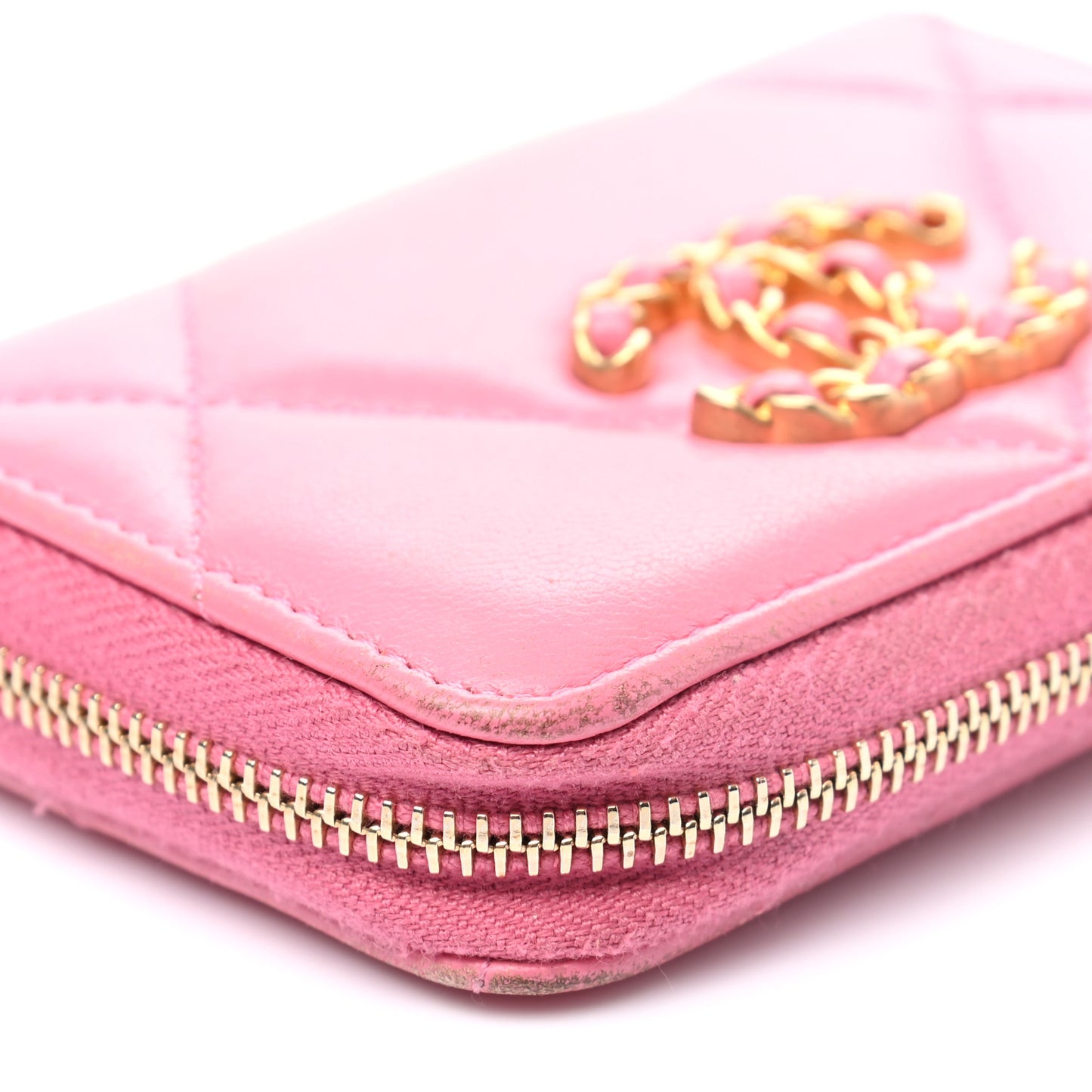 Lambskin Quilted Chanel 19 Zip Around Coin Purse Wallet Pink