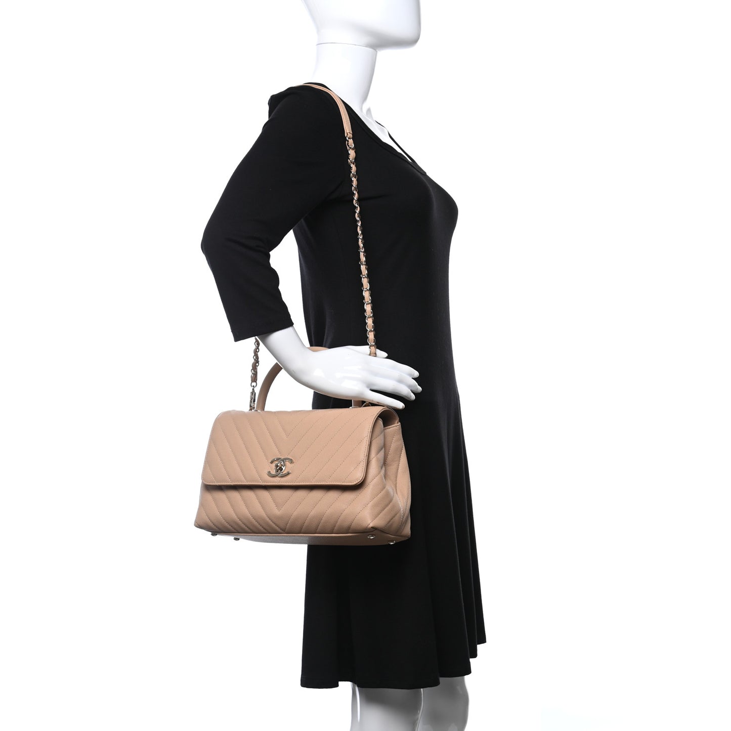 Caviar Chevron Quilted Small Coco Handle Flap Beige