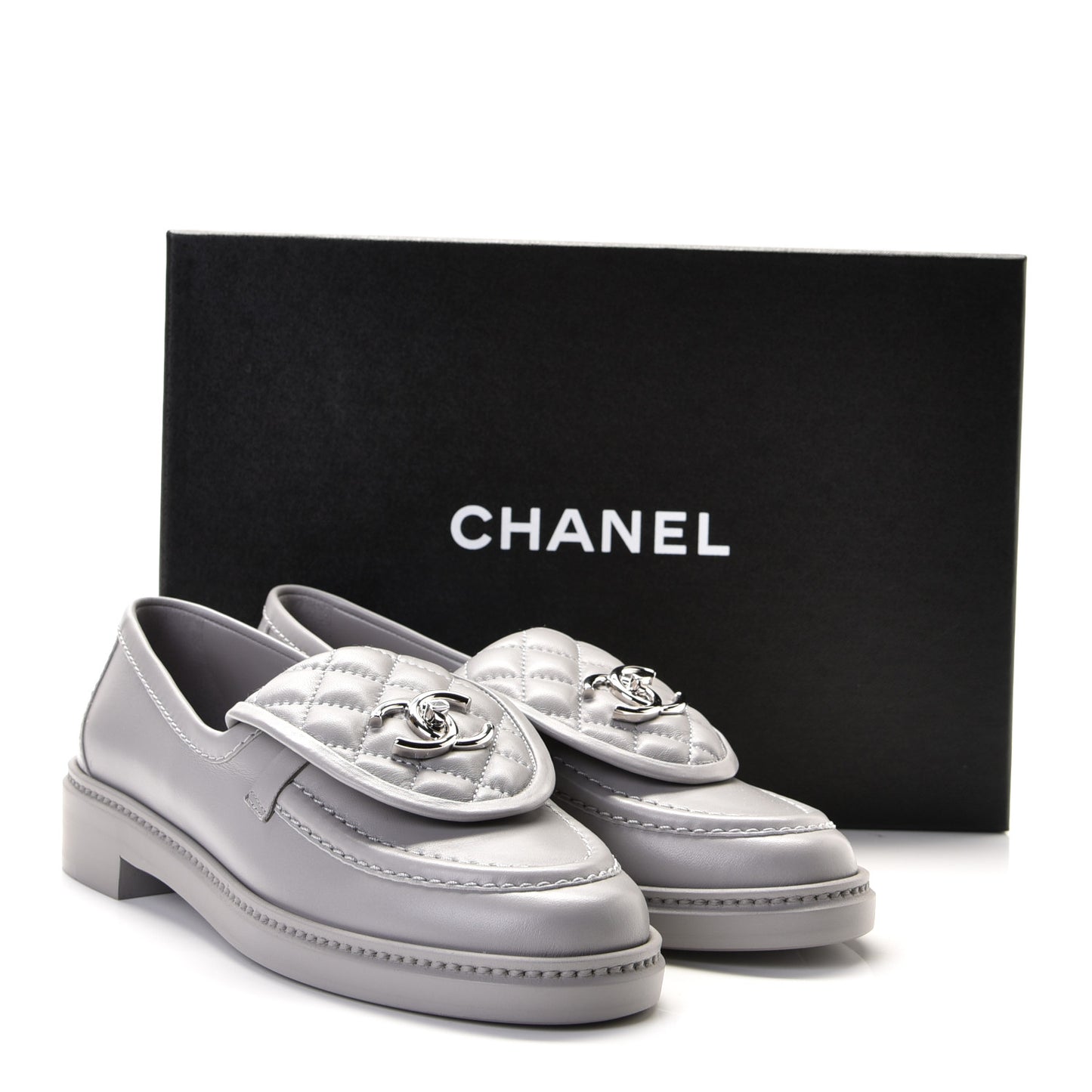 Lambskin Quilted CC Turnlock Loafers 36.5 Grey