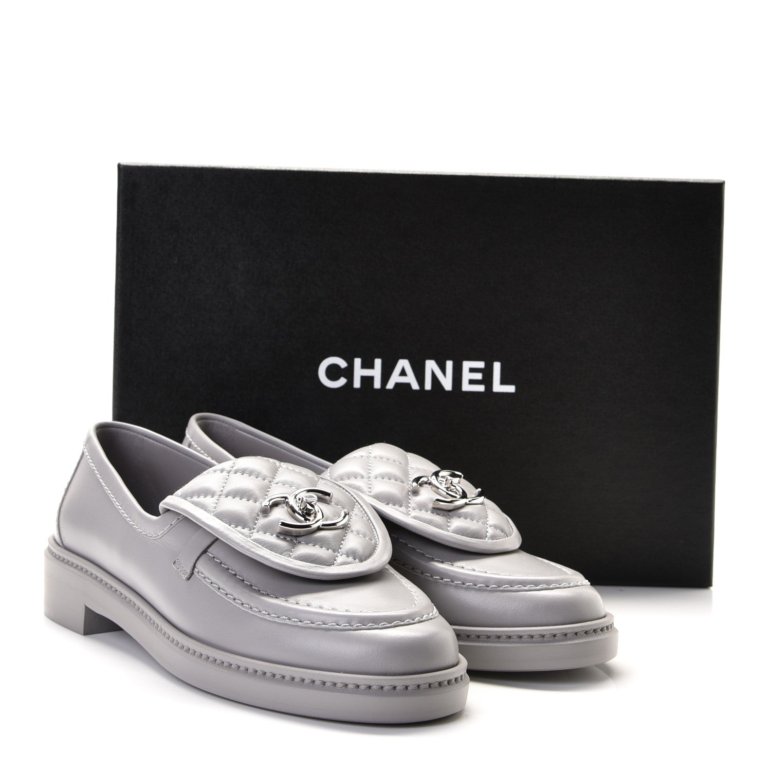 Chanel Lambskin Quilted CC Turnlock Loafers 36.5 Grey 10 of 20