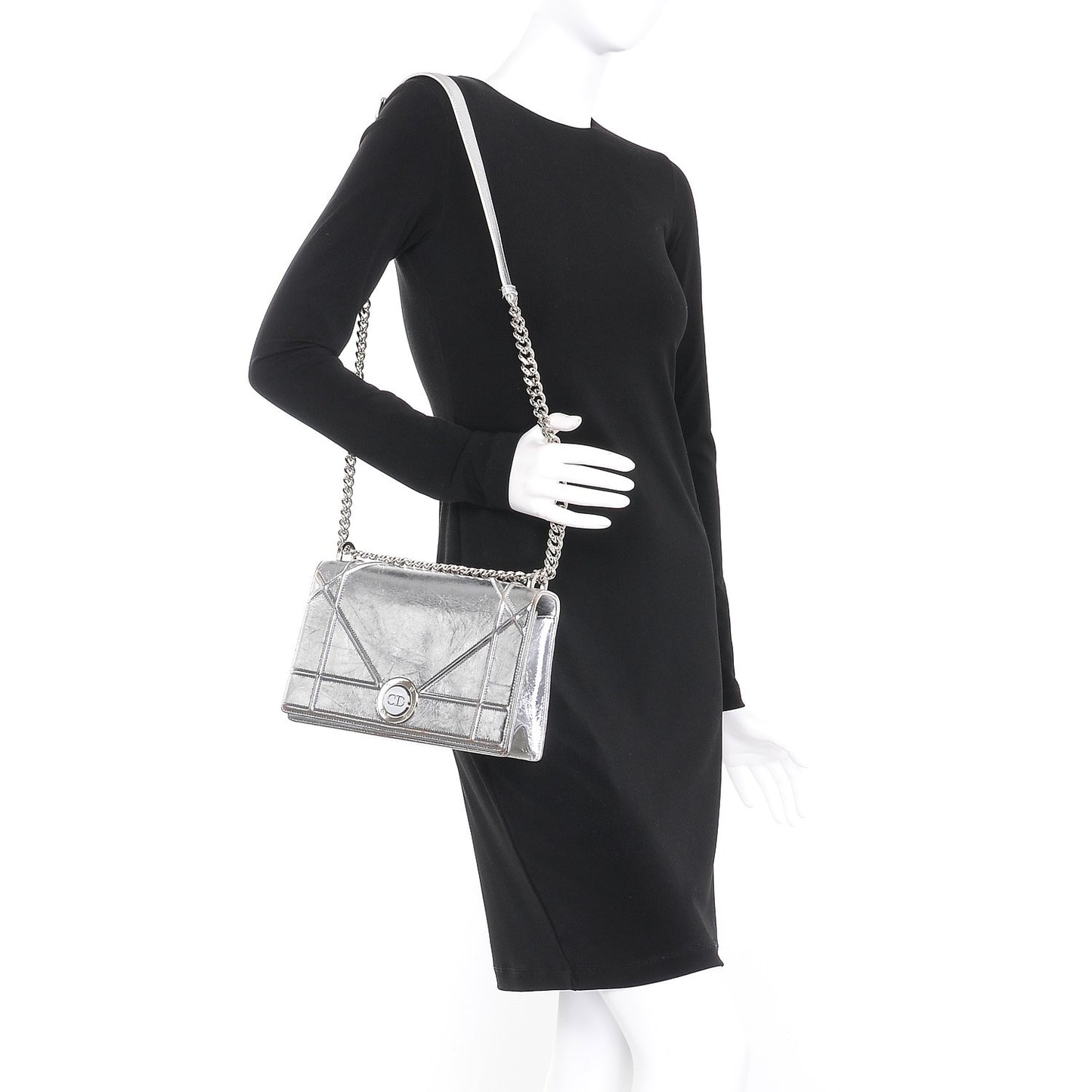 Metallic Crinkled Lambskin Medium Diorama Flap Bag Silver