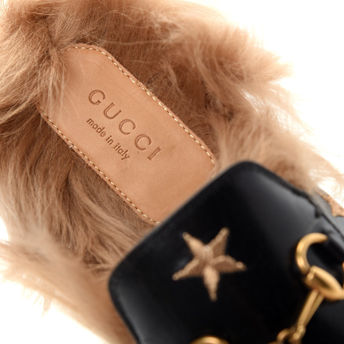 Goatskin Fur Bee Star Embroidered Womens Princetown Slippers 36.5 Black