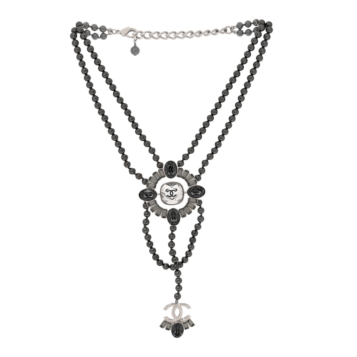 Baguette Crystal Resin Pearl CC Multi Strand Necklace Dark Grey