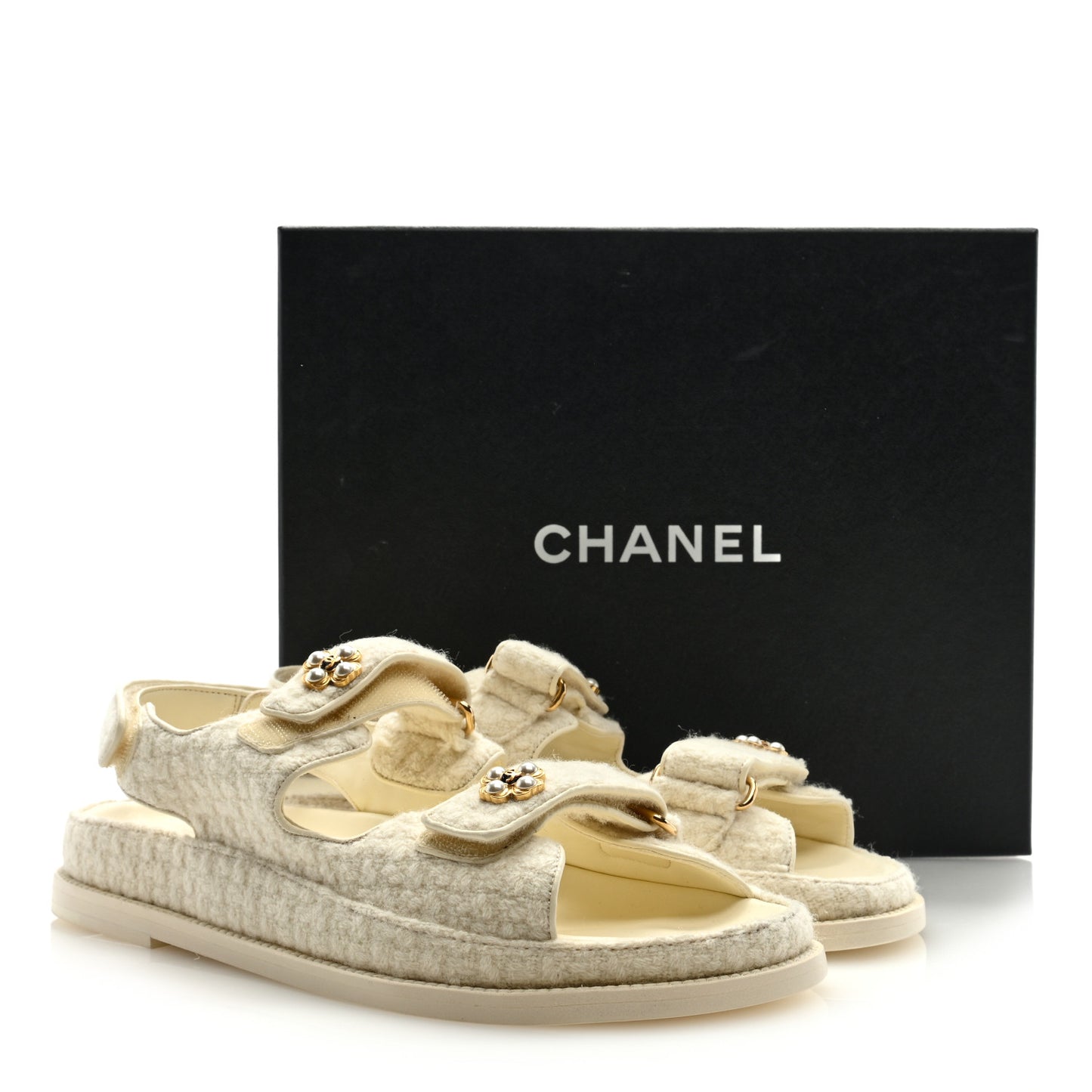 Wool Tweed Velcro Dad Sandals 40 Ivory