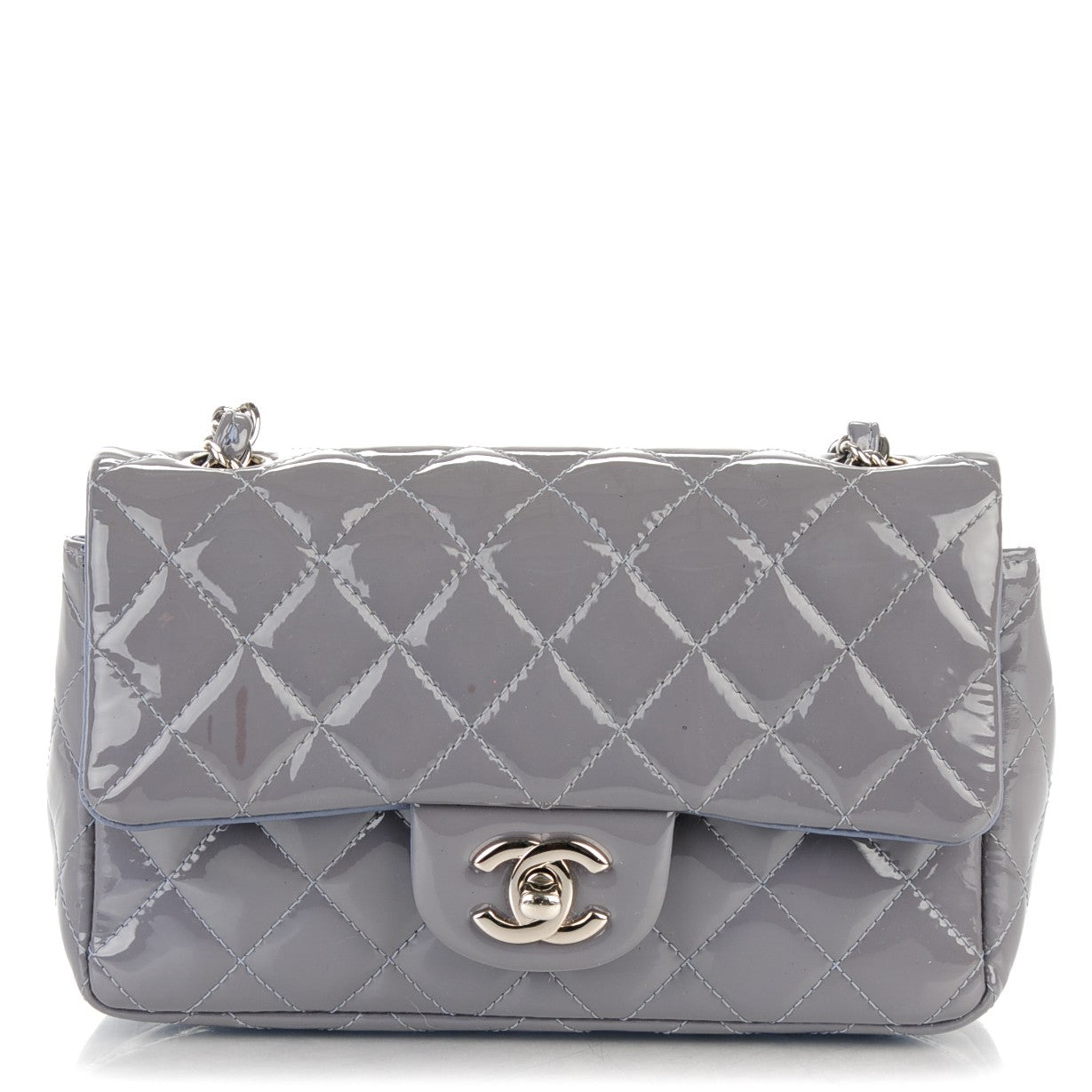 Patent Calfskin Quilted Mini Rectangular Flap Grey