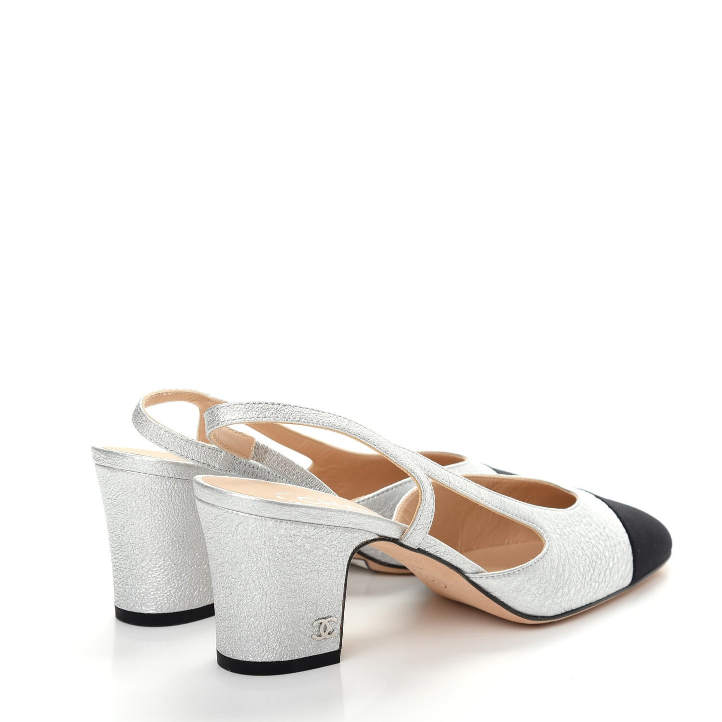 Metallic Lambskin Grosgrain Cap Toe CC Slingback Sandals 38 Black Silver