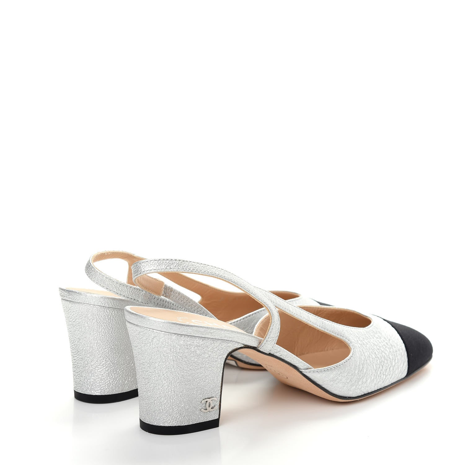 Chanel Metallic Lambskin Grosgrain Cap Toe CC Slingback Sandals 38 Black Silver 4 of 11
