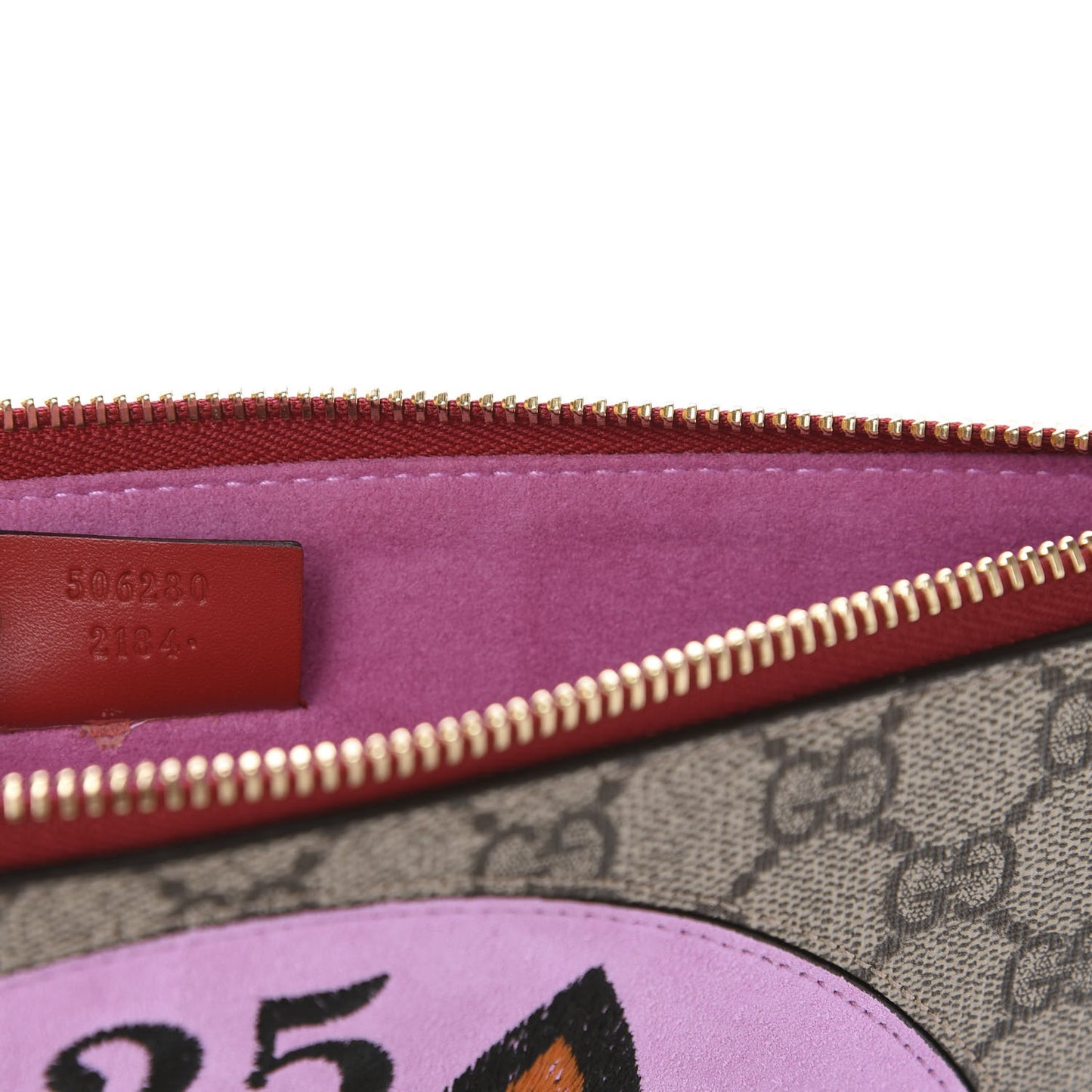 GG Supreme Monogram Bosco Patch Zip Pouch Beige Malva Hibiscus Red