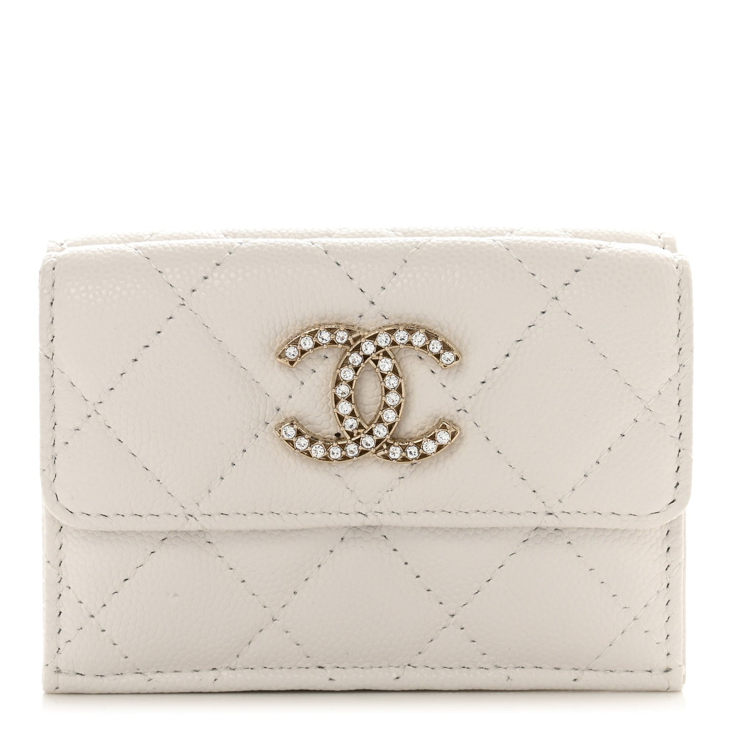 Caviar Quilted Crystal CC Small Flap Wallet White