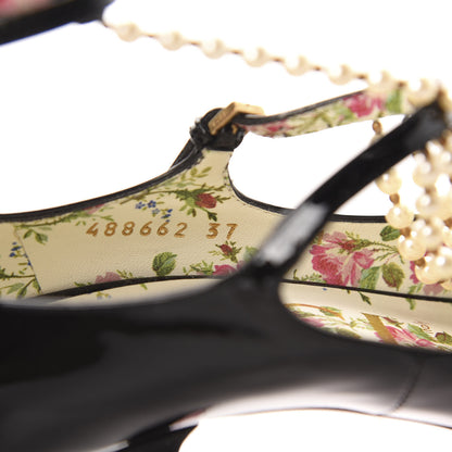 Gucci Patent Pearl Taide T-Strap Mid Heel Pumps 37 Black 9 of 10