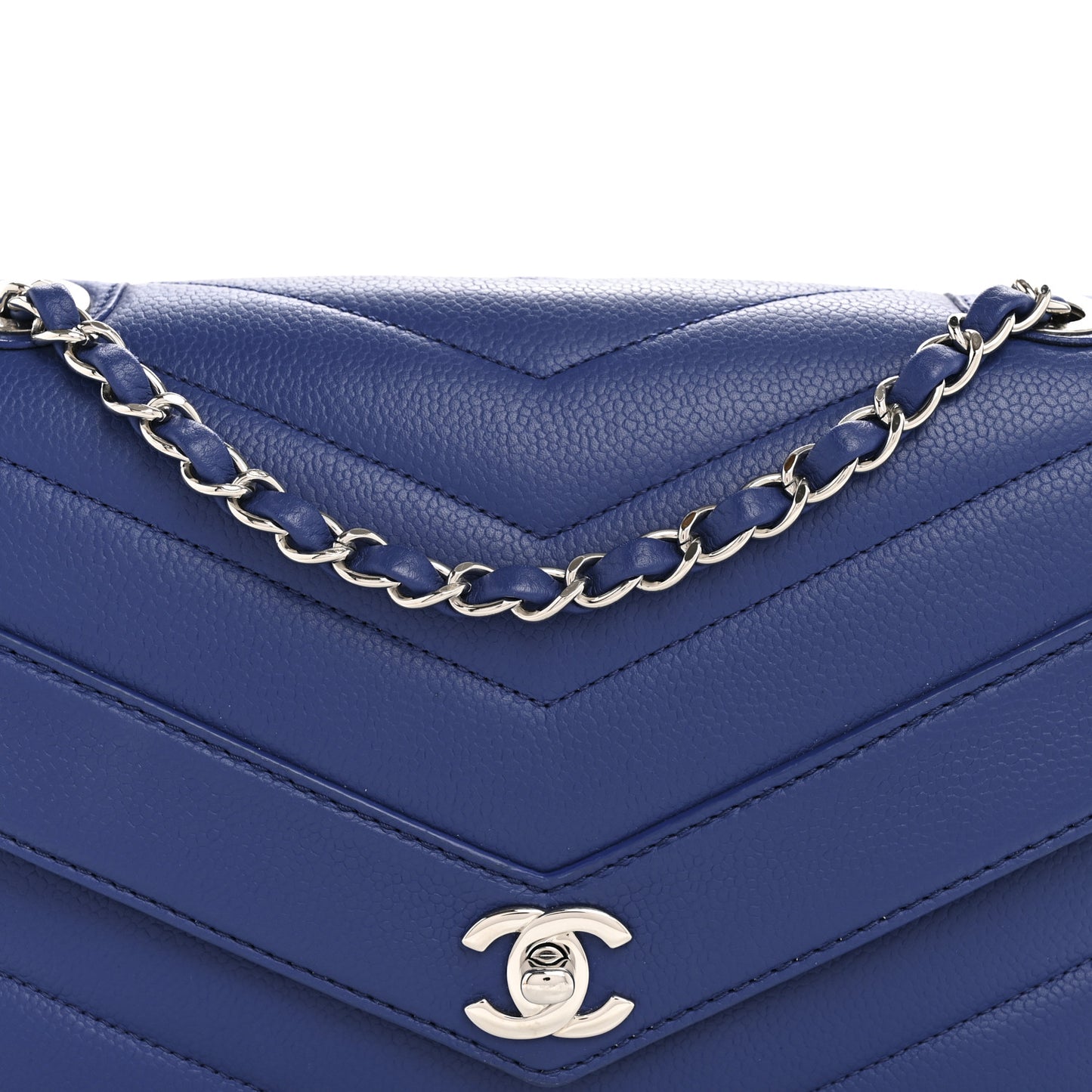 Caviar Chevron Quilted Single Flap Blue