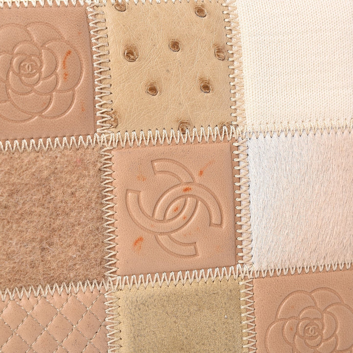 Lambskin Ostrich Pony Hair Quilted Patchwork Precious Symbols Flap Bag Beige