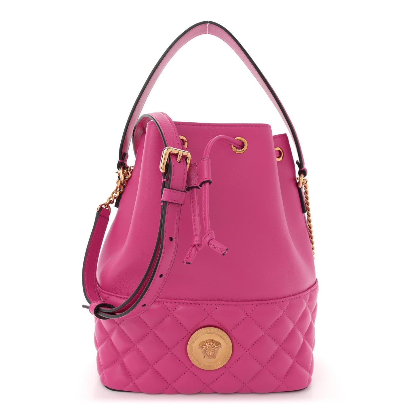 Nappa Quilted Medusa Top Handle Bucket Bag Fuchsia