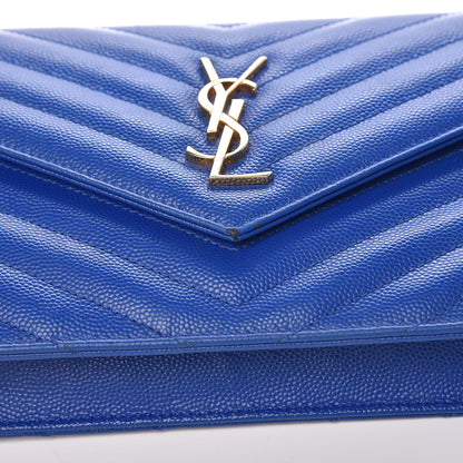 Saint Laurent Grain De Poudre Matelasse Chevron Monogram Envelope Chain Wallet Blue Majorelle 13 of 17