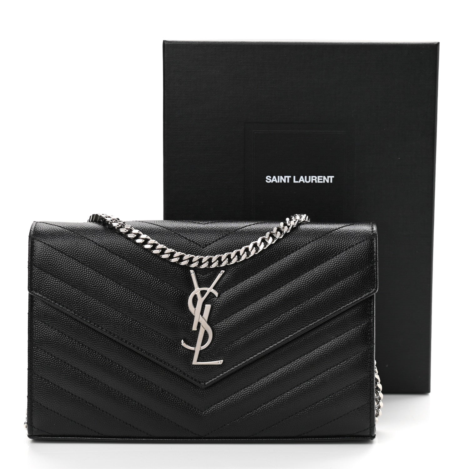 Saint Laurent Grain De Poudre Matelasse Chevron Monogram Chain Wallet Black 11 of 11