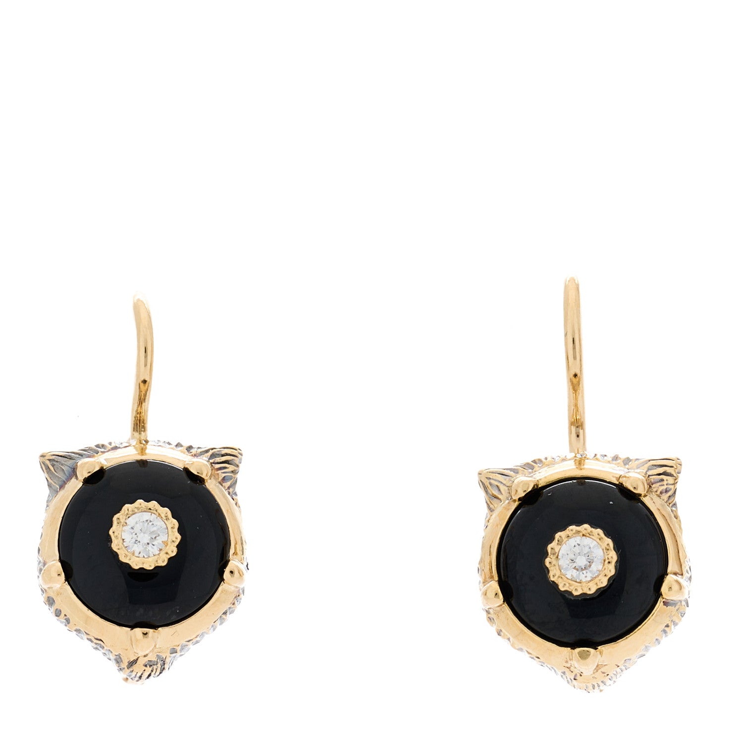 Gucci 18K Yellow Gold Diamond Black Onyx Le Marche Des Merveilles Feline Earrings 1 of 6