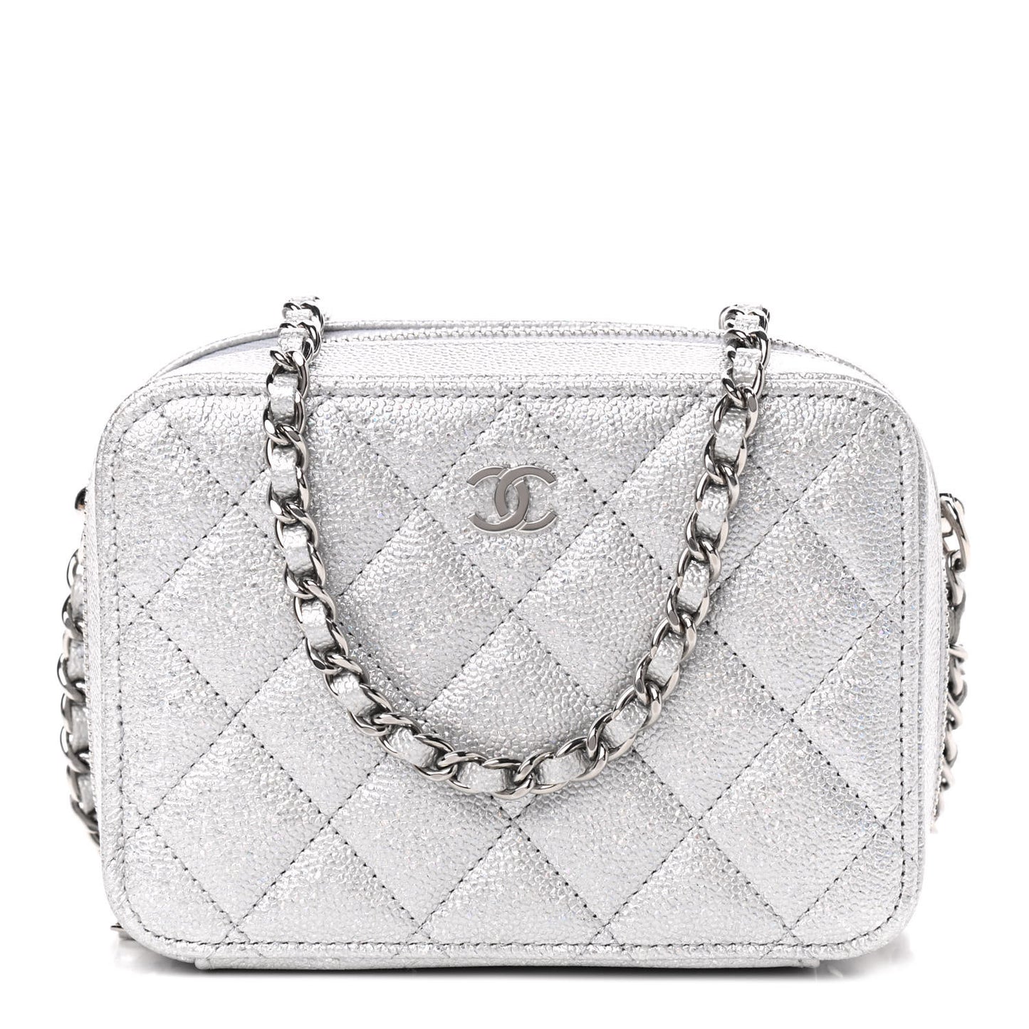 Metallic Caviar Quilted Camera Bag Silver