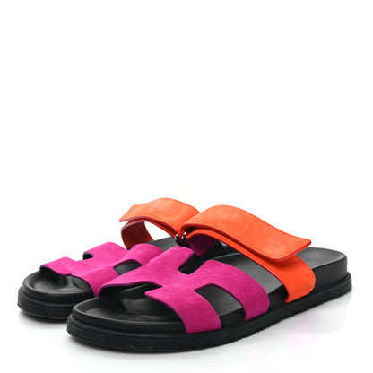 Hermes Suede Goatskin Womens Chypre Sandals 39.5 Rose Chapas Orange Synthetique 3 of 8