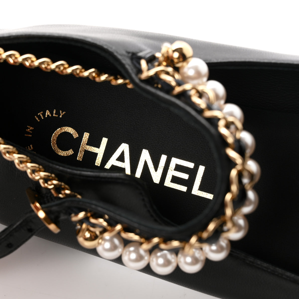 Shiny Lambskin Pearl Cap Toe Ankle Chain Ballerina Flats 38 Black