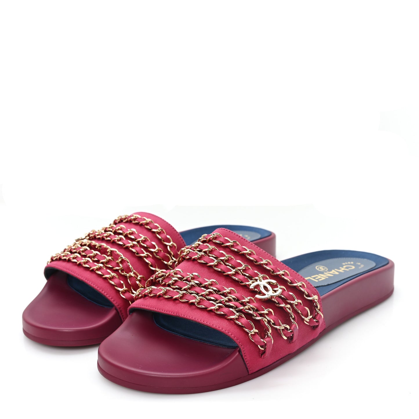 Satin Canvas Chain Slides Sandals Flats 40 Dark Fuchsia