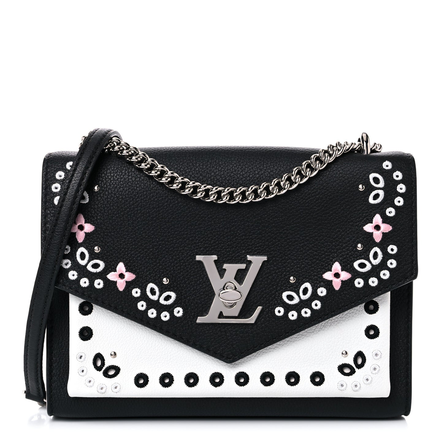 Soft Calfskin Embroidered My Lockme Chain Bag BB Black Snow White