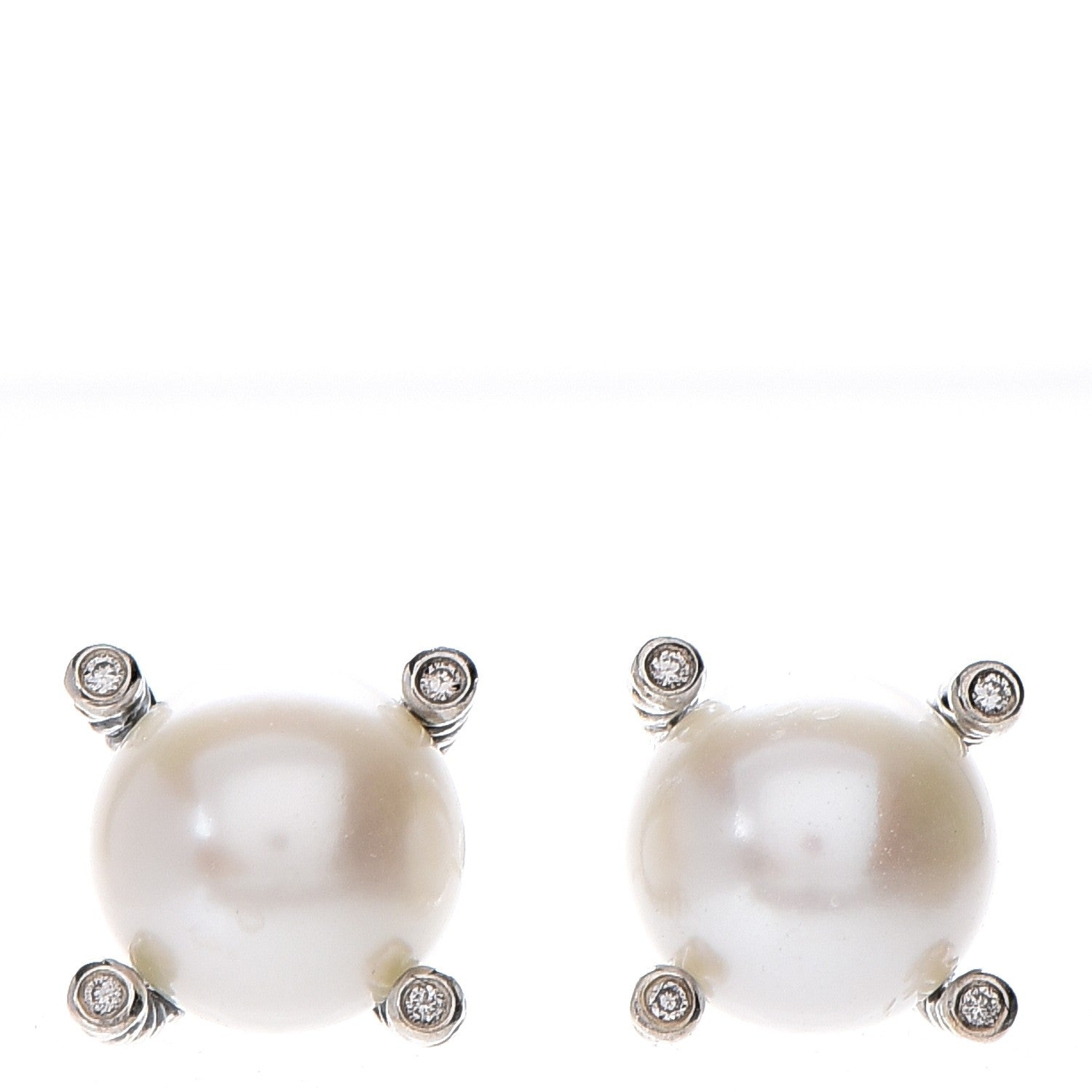 David Yurman Sterling Silver Diamond Pearl 9.5mm Earrings 1 of 5