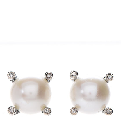 David Yurman Sterling Silver Diamond Pearl 9.5mm Earrings 1 of 5