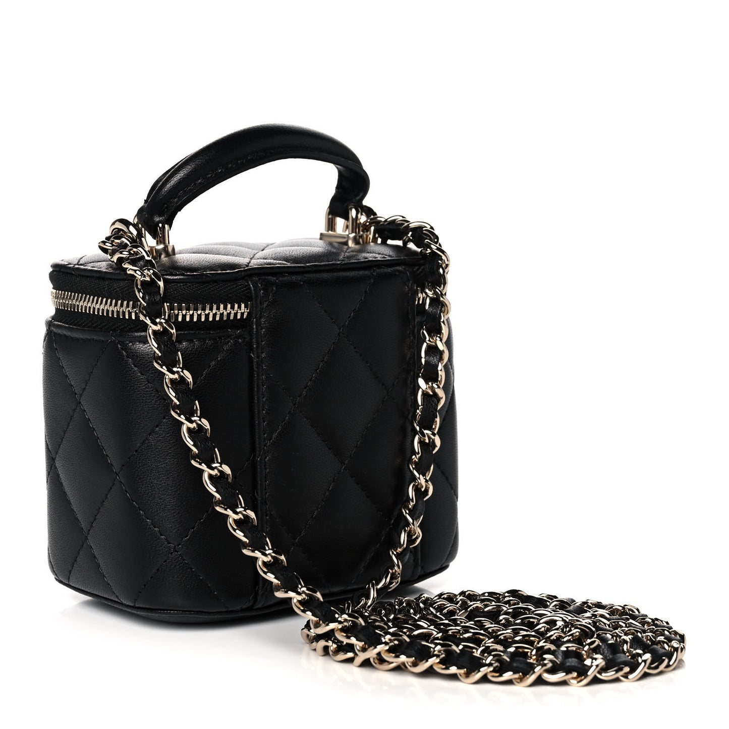 Lambskin Quilted Top Handle Mini Vanity Case With Chain Black