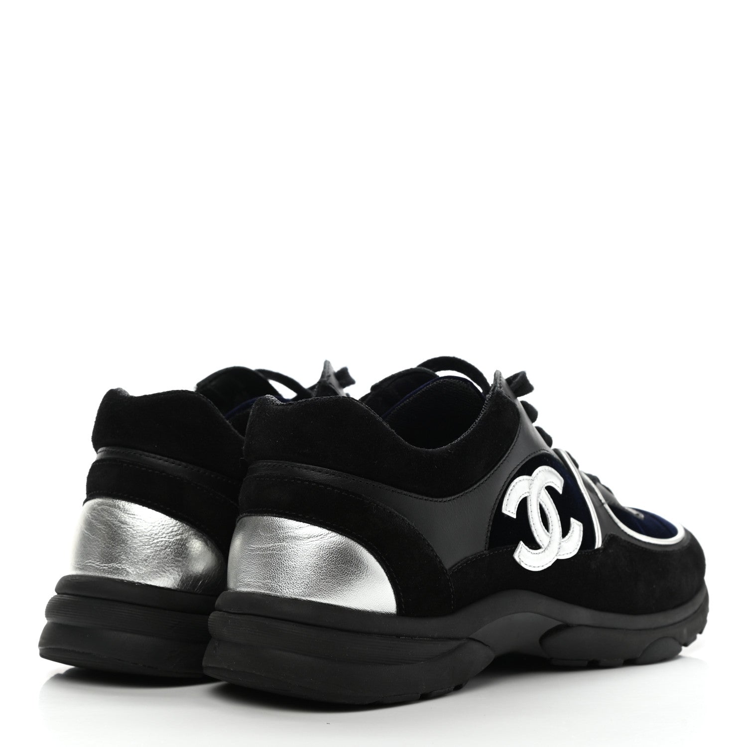 Chanel Suede Velvet Lambskin CC Sneakers 40 Black Blue Silver 4 of 9