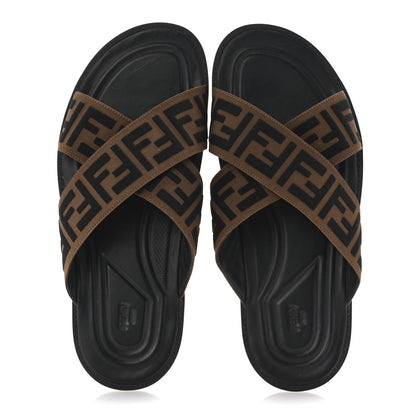 Fendi Fabric Rubber Macro FF Embroidered Mens Crisscross Slide Sandals 10 Maya Black 2 of 11