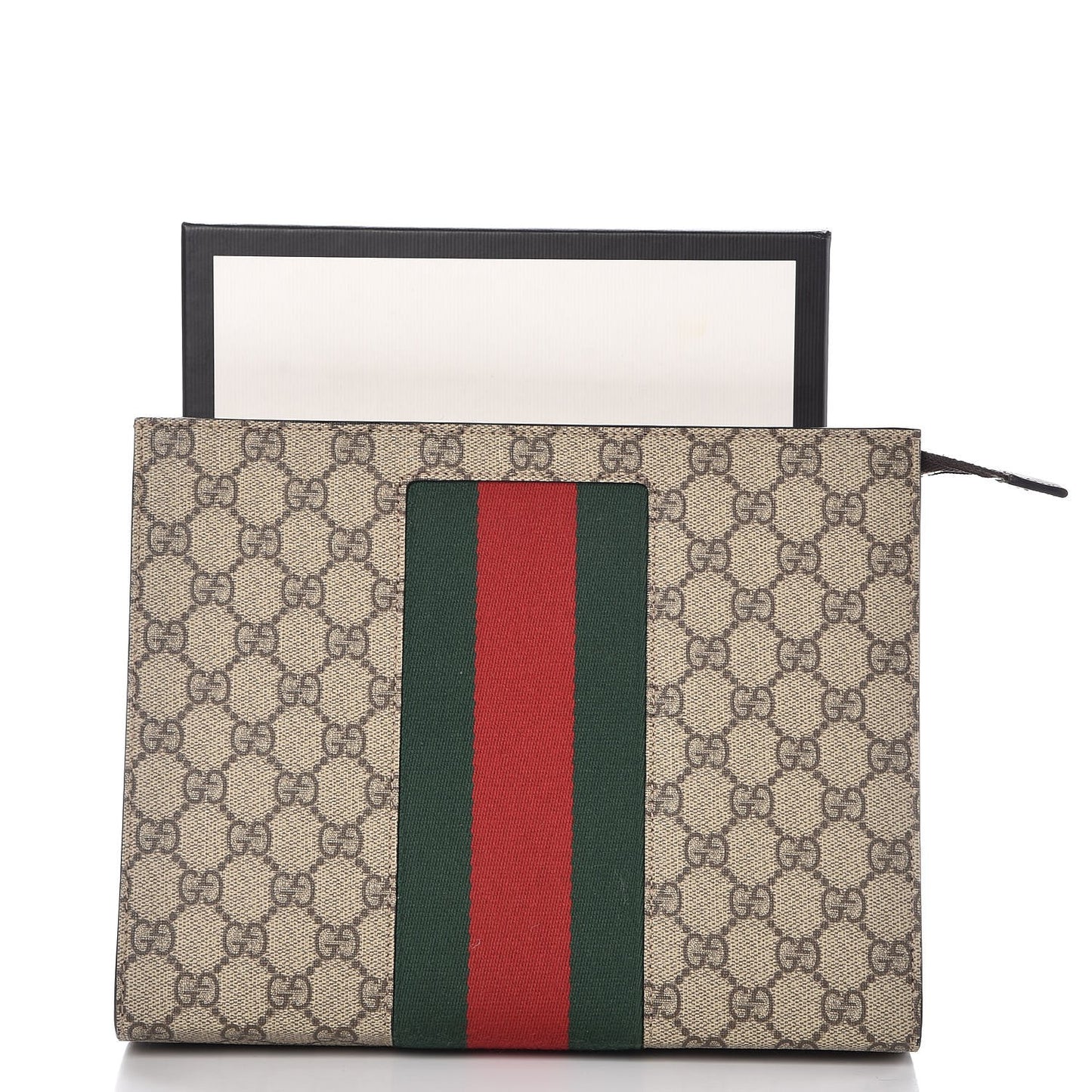 GG Supreme Monogram Selleria Calfskin Web New Web Cosmetic Case Beige Ebony Cocoa