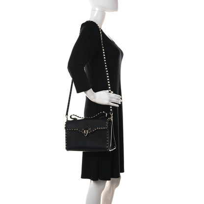 Valentino Garavani Pebbled Calfskin Small Rockstud Single Handle Flap Bag Black 2 of 15