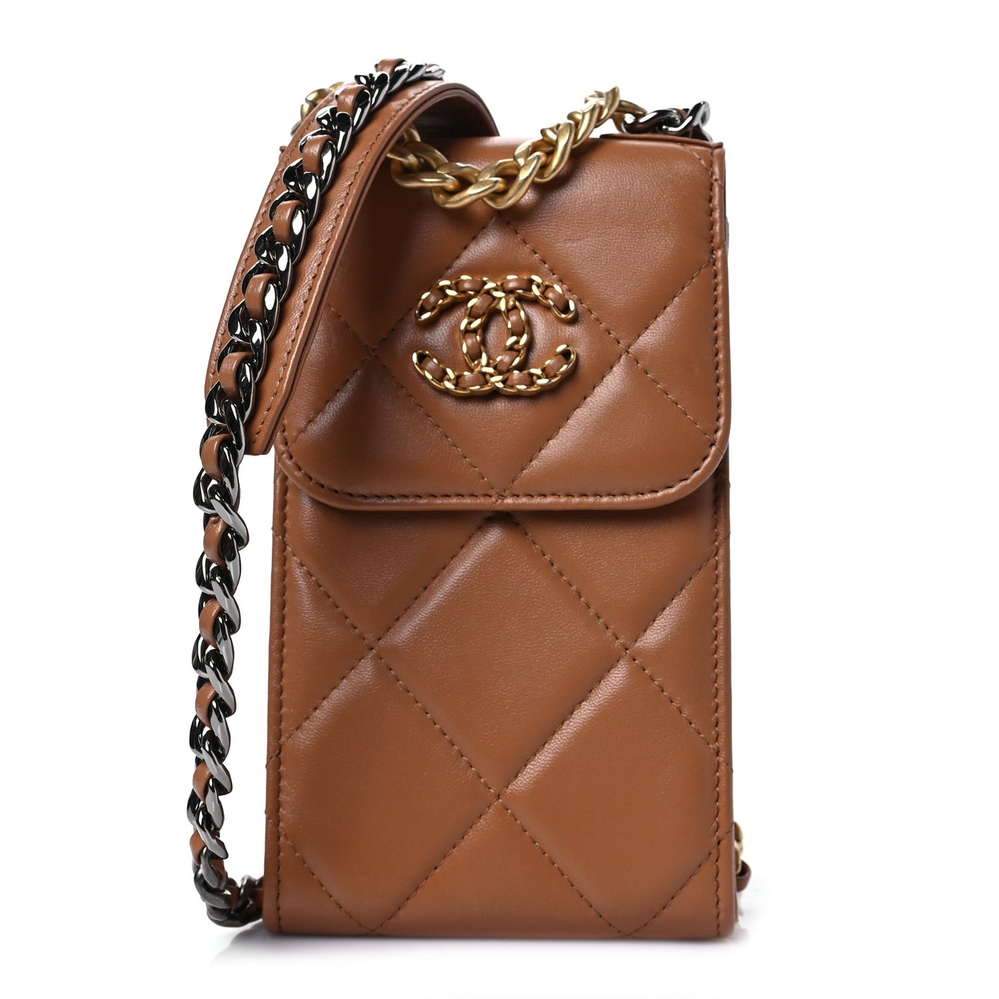 Lambskin Quilted Chanel 19 Phone Holder With Chain Brown