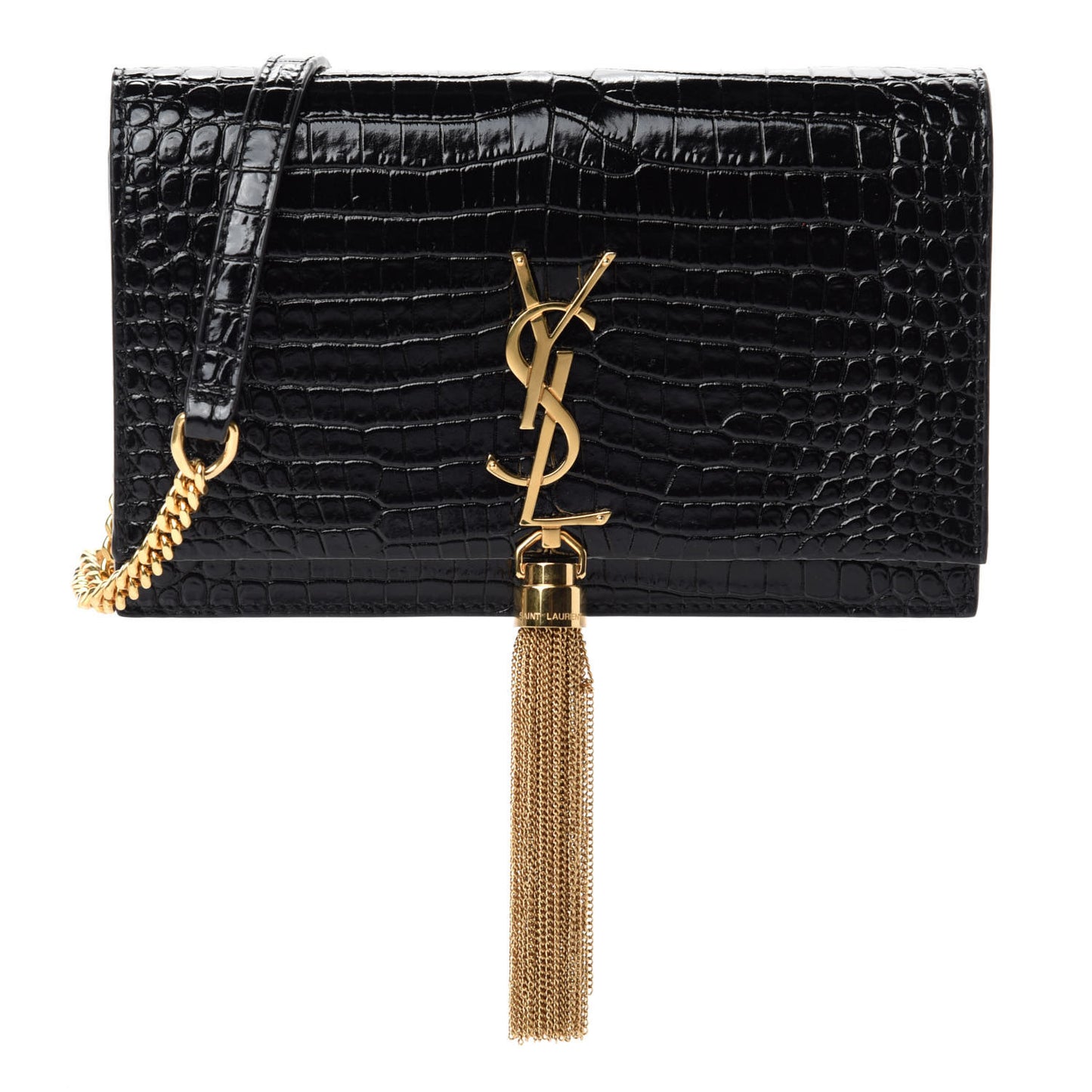 Calfskin Crocodile Embossed Kate Monogram Tassel Chain Wallet Black