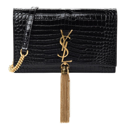 Saint Laurent Calfskin Crocodile Embossed Kate Monogram Tassel Chain Wallet Black 1 of 10