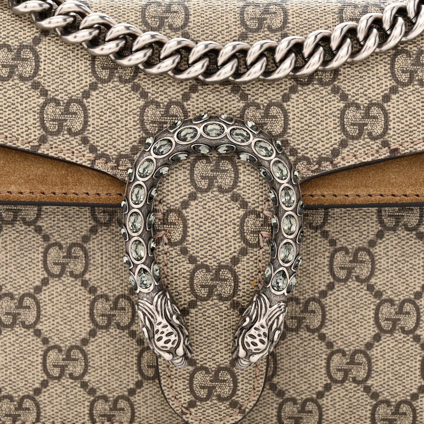 GG Supreme Monogram Suede Crystal Small Dionysus Shoulder Bag Beige Ebony Taupe