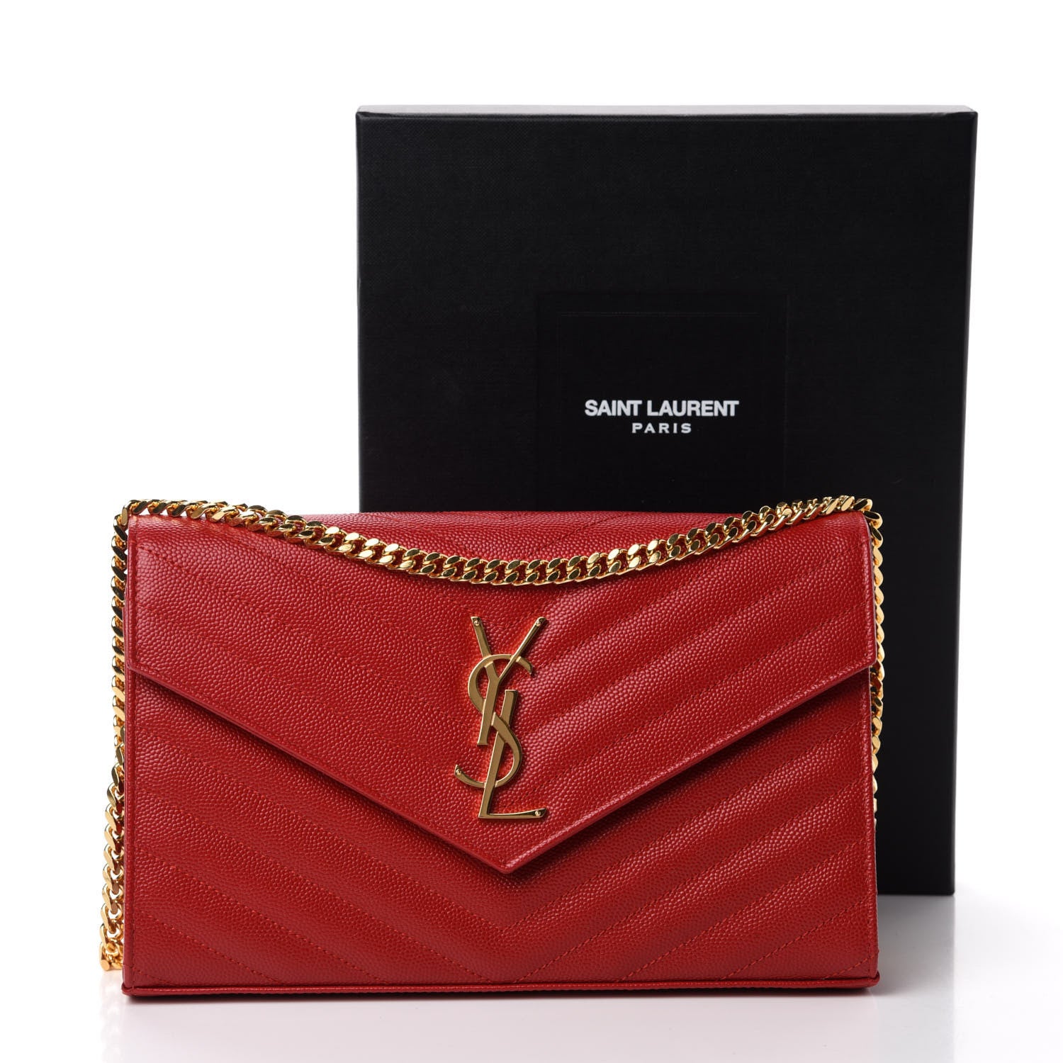 Saint Laurent Grain De Poudre Matelasse Chevron Monogram Chain Wallet Red 12 of 12