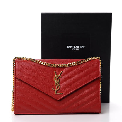 Saint Laurent Grain De Poudre Matelasse Chevron Monogram Chain Wallet Red 12 of 12