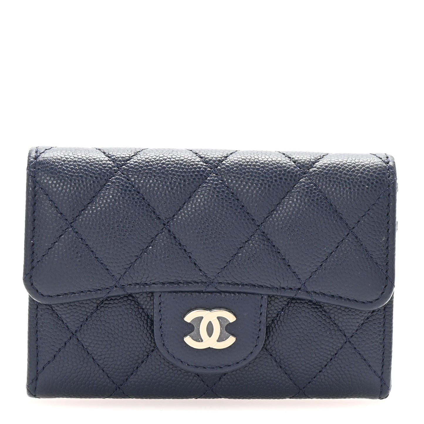 Caviar Quilted Flap Card Holder Wallet Navy Blue