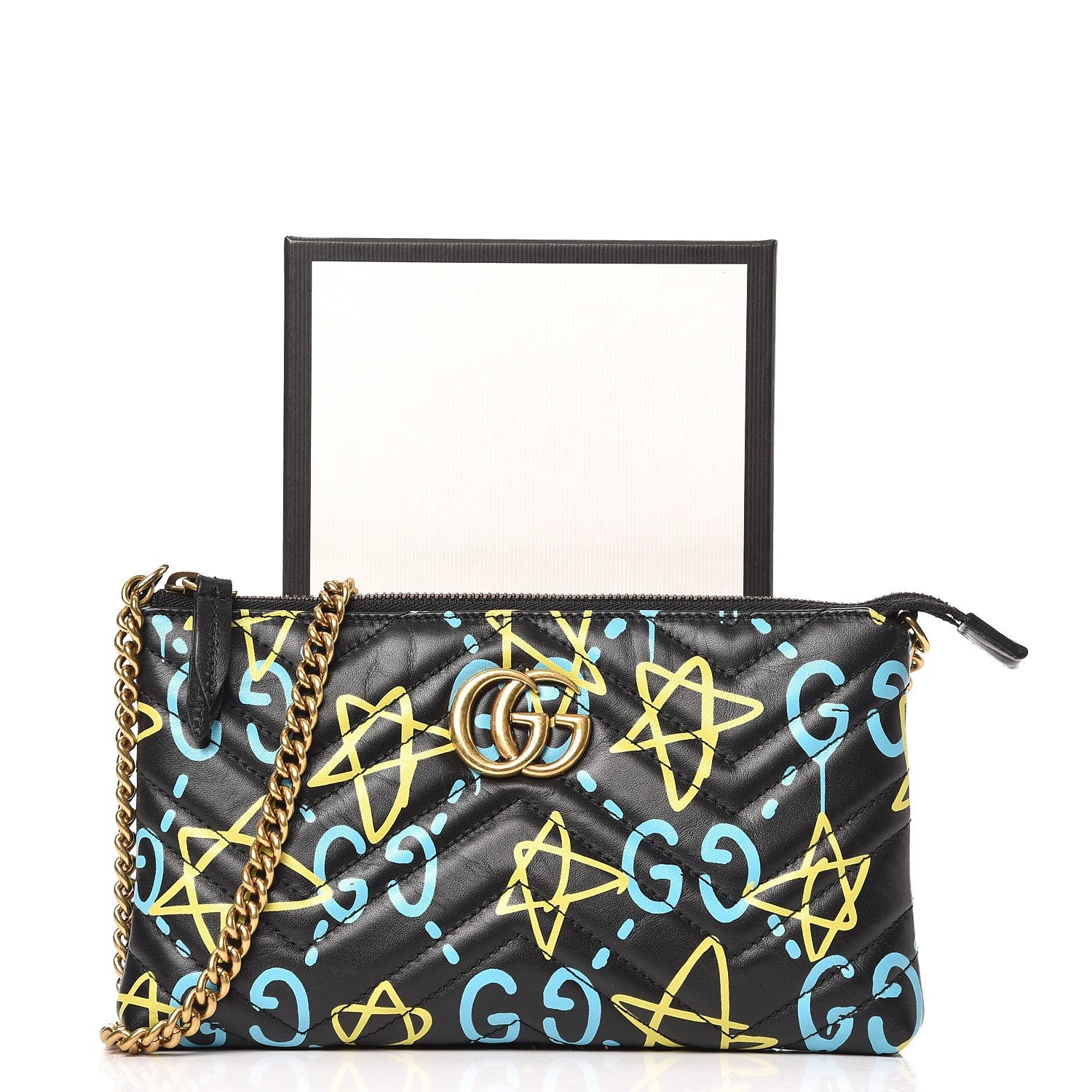 Gucci Calfskin Matelasse Printed Mini GucciGhost GG Marmont Chain Bag Black New Acquamarine 7 of 7