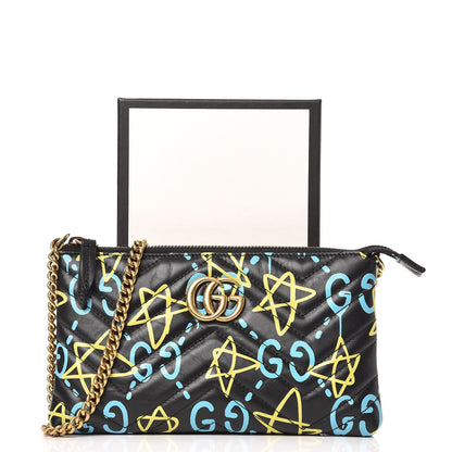 Gucci Calfskin Matelasse Printed Mini GucciGhost GG Marmont Chain Bag Black New Acquamarine 7 of 7