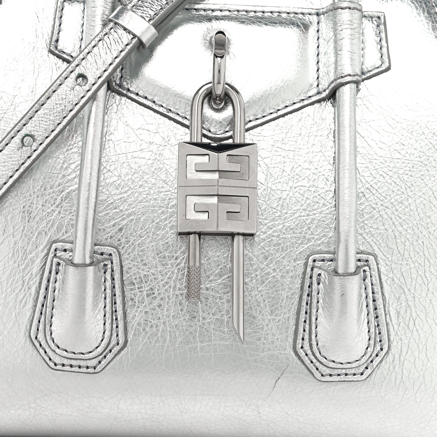 Givenchy Metallic Lambskin Mini Lock Antigona Shoulder Bag Silver Grey 8 of 12