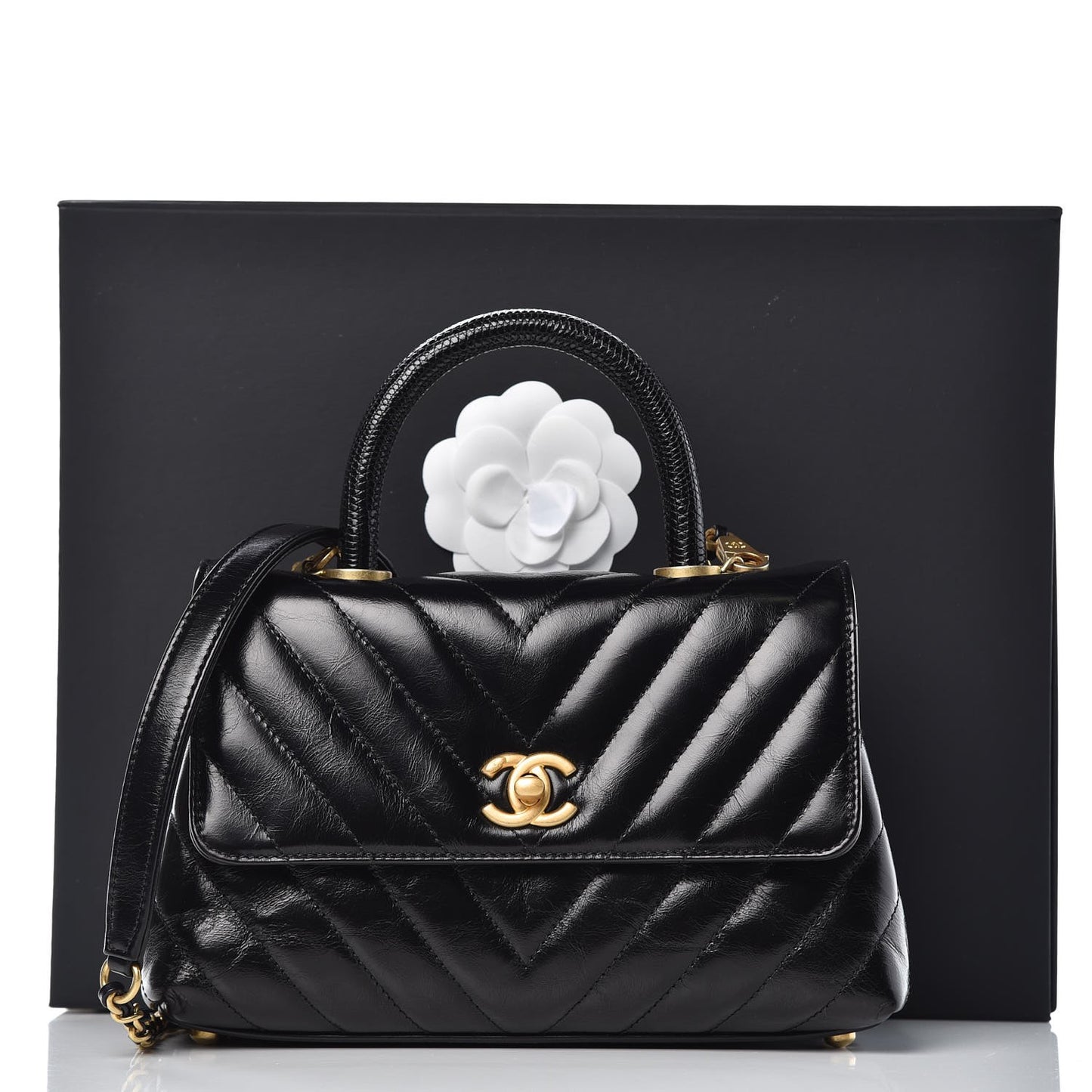 Calfskin Lizard Chevron Quilted Mini Coco Handle Flap Black