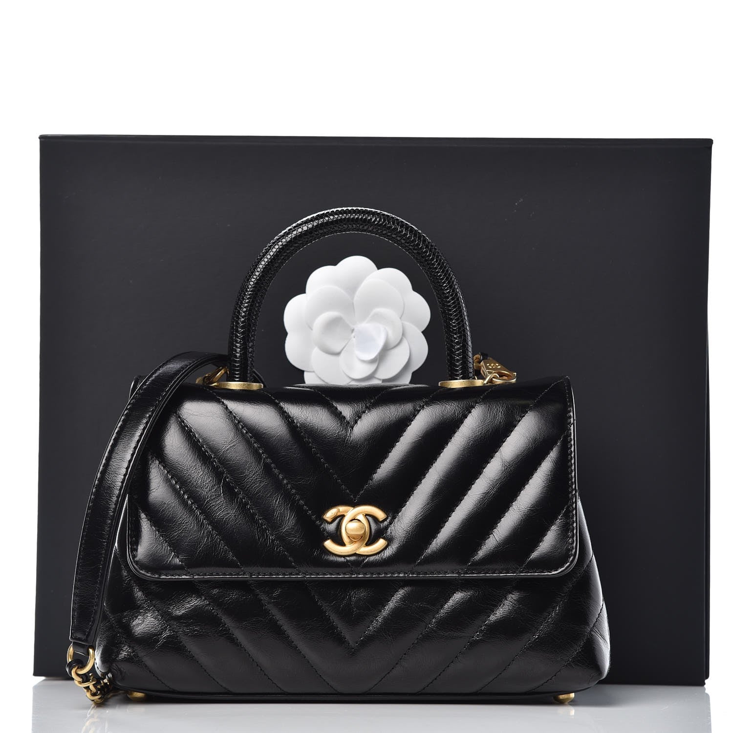Chanel Calfskin Lizard Chevron Quilted Mini Coco Handle Flap Black 9 of 10