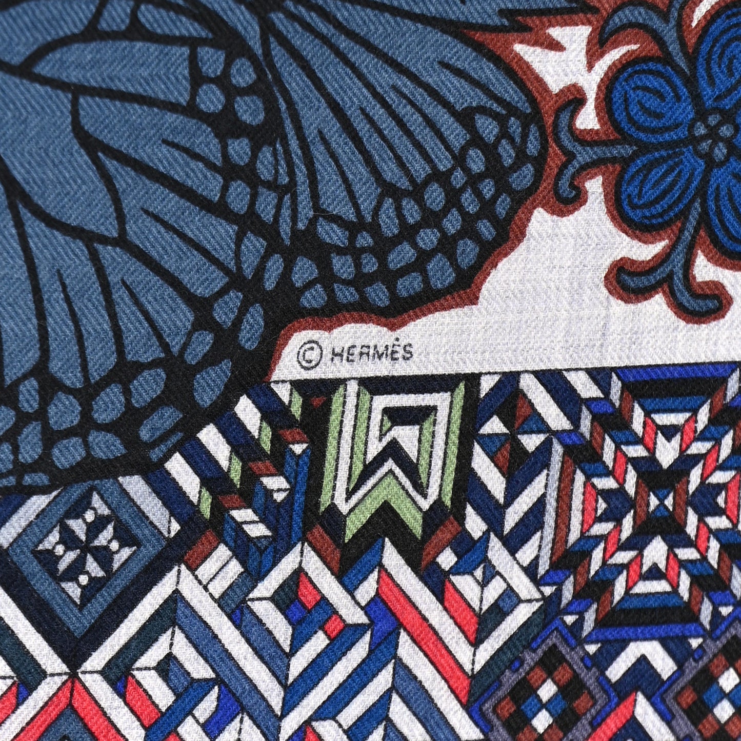 Cashmere Silk Le Jaguar Et Le Colibri Shawl 140 Gris Chine Bleu Acajou