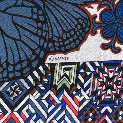 Hermes Cashmere Silk Le Jaguar Et Le Colibri Shawl 140 Gris Chine Bleu Acajou 3 of 12